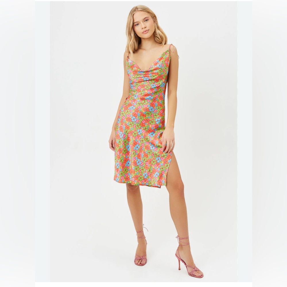 FRANKIES Bikinis Doll Face Silk Dress in Groovy multicolor mini floral